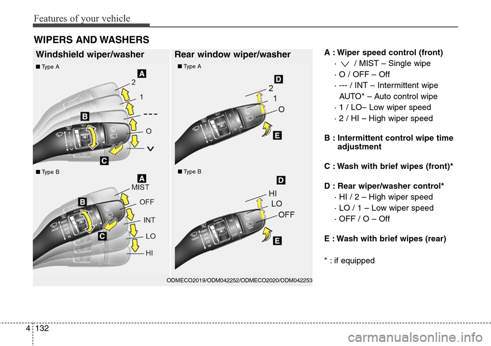 Hyundai Grand Santa Fe 2013  Owners Manual Features of your vehicle
132 4
A : Wiper speed control (front)
·  / MIST – Single wipe
· O / OFF – Off
· --- / INT – Intermittent wipe 
AUTO* – Auto control wipe
· 1 / LO– Low wiper spee