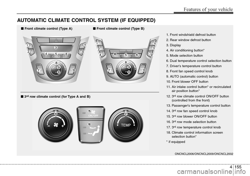 Hyundai Grand Santa Fe 2013 Owners Manual 4155
Features of your vehicle
AUTOMATIC CLIMATE CONTROL SYSTEM (IF EQUIPPED)
ONCNCL2006/ONCNCL2009/ONCNCL2002
1. Front windshield defrost button
2. Rear window defrost button
3. Display
4. Air conditi Hyundai Grand Santa Fe 2013 Owners Manual 4155
Features of your vehicle
AUTOMATIC CLIMATE CONTROL SYSTEM (IF EQUIPPED)
ONCNCL2006/ONCNCL2009/ONCNCL2002
1. Front windshield defrost button
2. Rear window defrost button
3. Display
4. Air conditi