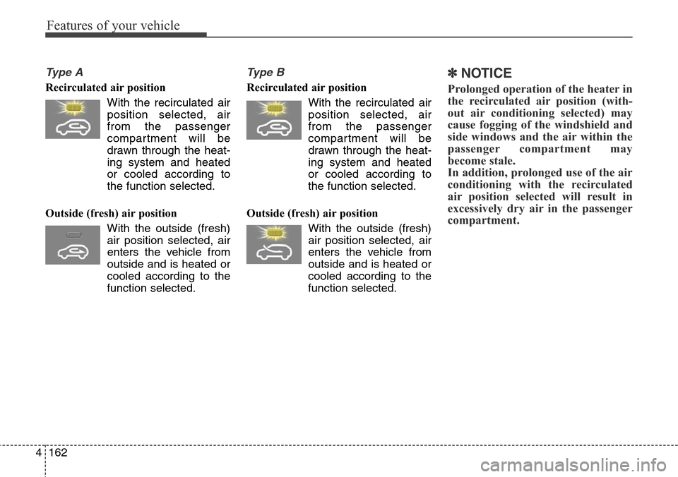 Hyundai Grand Santa Fe 2013 Owners Manual Features of your vehicle
162 4
Ty p e A
Recirculated air position
With the recirculated air
position selected, air
from the passenger
compartment will be
drawn through the heat-
ing system and heate Hyundai Grand Santa Fe 2013 Owners Manual Features of your vehicle
162 4
Ty p e A
Recirculated air position
With the recirculated air
position selected, air
from the passenger
compartment will be
drawn through the heat-
ing system and heate