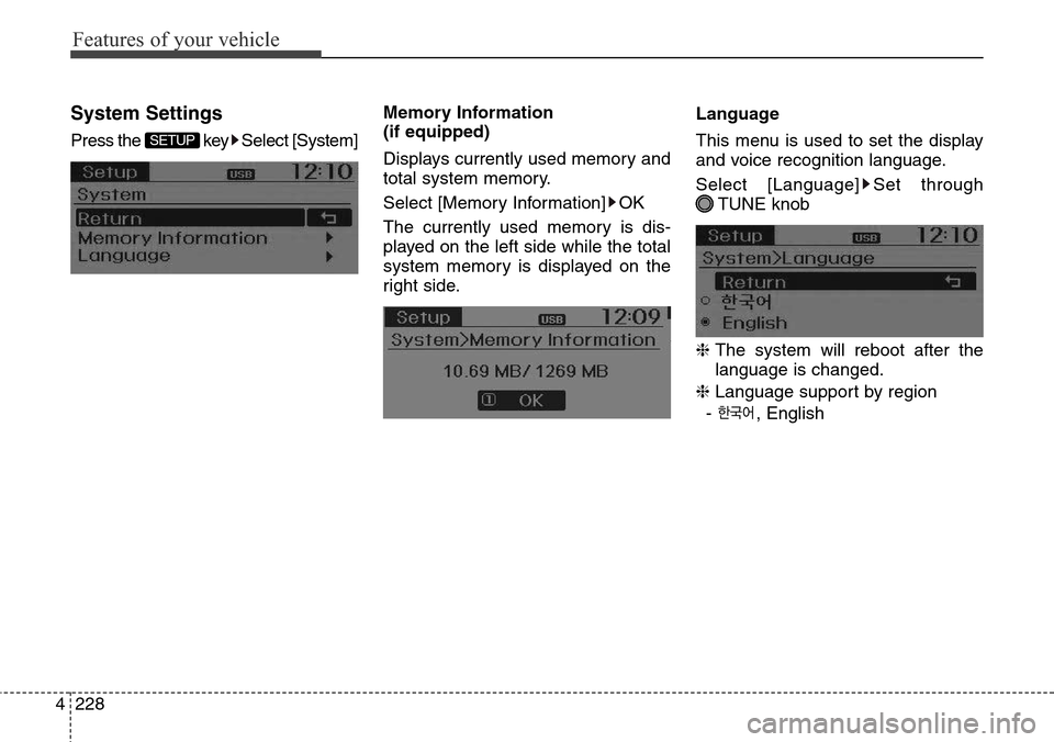 Hyundai Grand Santa Fe 2013  Owners Manual Features of your vehicle
228 4
System Settings
Press the  key Select [System]Memory Information 
(if equipped)
Displays currently used memory and
total system memory.
Select [Memory Information] OK
Th