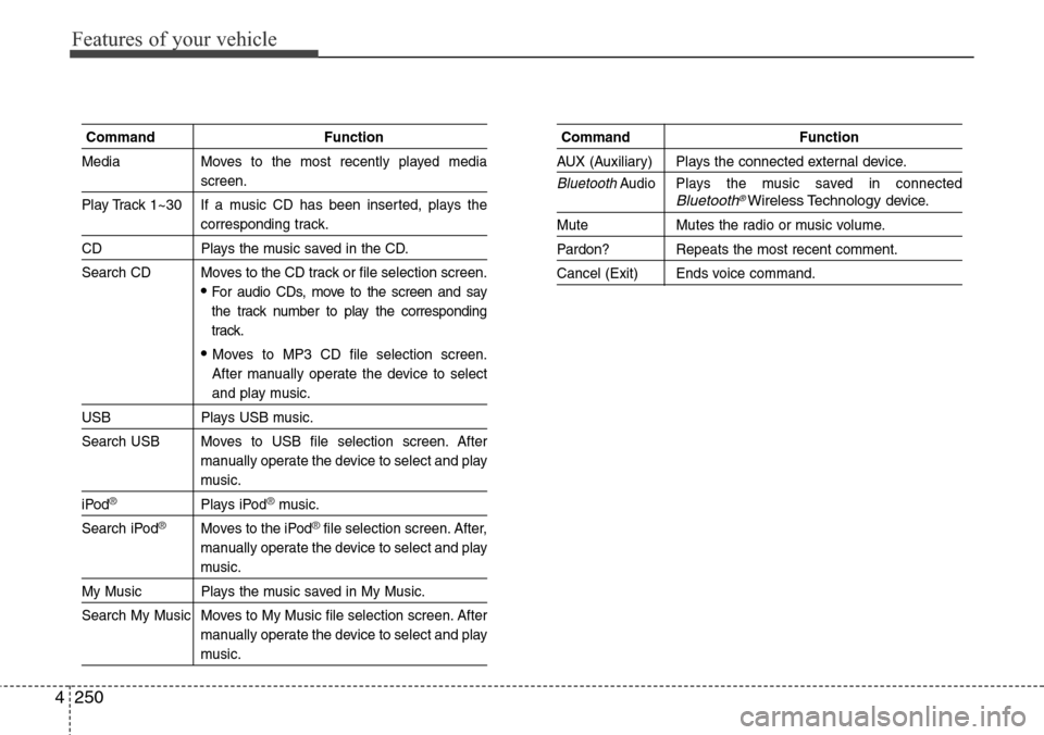 Hyundai Grand Santa Fe 2013 Owners Guide Features of your vehicle
250 4
Command Function
Media Moves to the most recently played media
screen.
Play Track 1~30 If a music CD has been inserted, plays the
corresponding track.
CD Plays the music