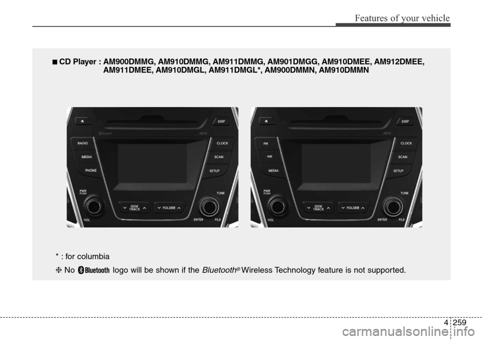 Hyundai Grand Santa Fe 2013  Owners Manual 4259
Features of your vehicle
■ CD Player : AM900DMMG, AM910DMMG, AM911DMMG, AM901DMGG, AM910DMEE, AM912DMEE,
AM911DMEE, AM910DMGL, AM911DMGL*, AM900DMMN, AM910DMMN
* : for columbia
❈ No  logo wil