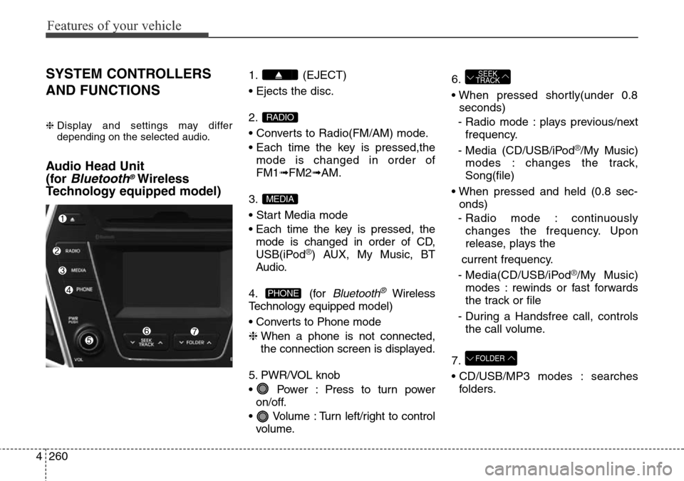Hyundai Grand Santa Fe 2013 Owners Manual Features of your vehicle
260 4
SYSTEM CONTROLLERS
AND FUNCTIONS
❈ Display and settings may differ
depending on the selected audio.
Audio Head Unit
(for
Bluetooth®Wireless
Technology equipped mode Hyundai Grand Santa Fe 2013 Owners Manual Features of your vehicle
260 4
SYSTEM CONTROLLERS
AND FUNCTIONS
❈ Display and settings may differ
depending on the selected audio.
Audio Head Unit
(for
Bluetooth®Wireless
Technology equipped mode