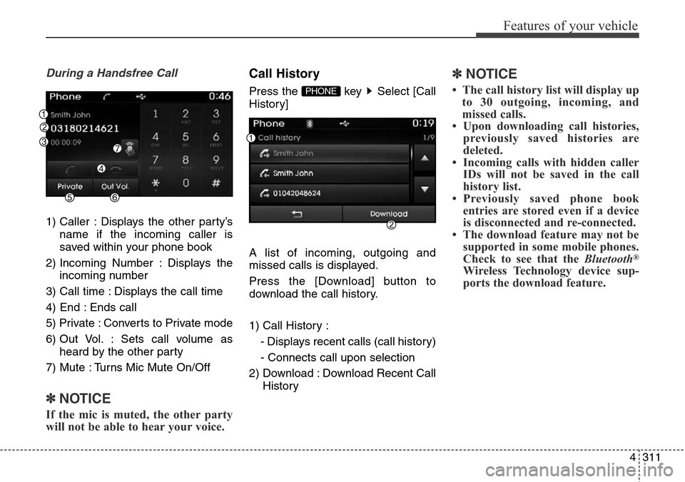 Hyundai Grand Santa Fe 2013  Owners Manual 4311
Features of your vehicle
During a Handsfree Call
1) Caller : Displays the other party’s
name if the incoming caller is
saved within your phone book
2) Incoming Number : Displays the
incoming nu