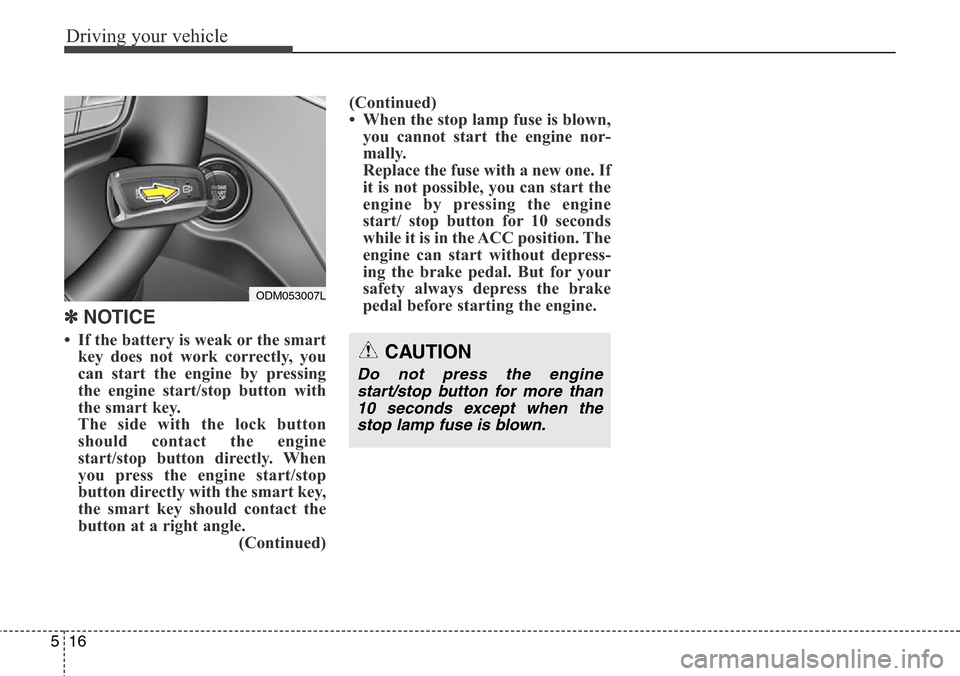 Hyundai Grand Santa Fe 2013 Owners Manual Driving your vehicle
16 5
✽ NOTICE
• If the battery is weak or the smart
key does not work correctly, you
can start the engine by pressing
the engine start/stop button with
the smart key.
The side Hyundai Grand Santa Fe 2013 Owners Manual Driving your vehicle
16 5
✽ NOTICE
• If the battery is weak or the smart
key does not work correctly, you
can start the engine by pressing
the engine start/stop button with
the smart key.
The side