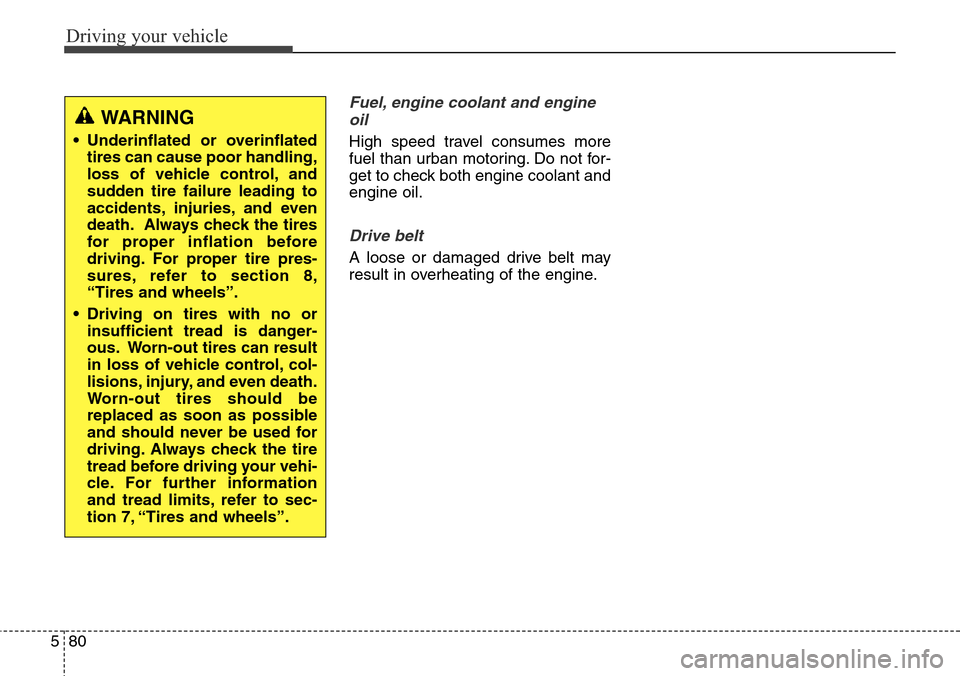 Hyundai Grand Santa Fe 2013  Owners Manual Driving your vehicle
80 5
Fuel, engine coolant and engine
oil
High speed travel consumes more
fuel than urban motoring. Do not for-
get to check both engine coolant and
engine oil.
Drive belt
A loose 