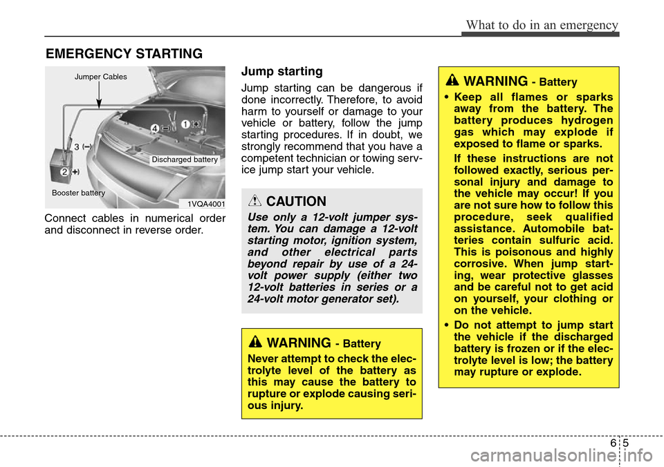 Hyundai Grand Santa Fe 2013 Owners Manual 65
What to do in an emergency
EMERGENCY STARTING
Connect cables in numerical order
and disconnect in reverse order.
Jump starting
Jump starting can be dangerous if
done incorrectly. Therefore, to av Hyundai Grand Santa Fe 2013 Owners Manual 65
What to do in an emergency
EMERGENCY STARTING
Connect cables in numerical order
and disconnect in reverse order.
Jump starting
Jump starting can be dangerous if
done incorrectly. Therefore, to av