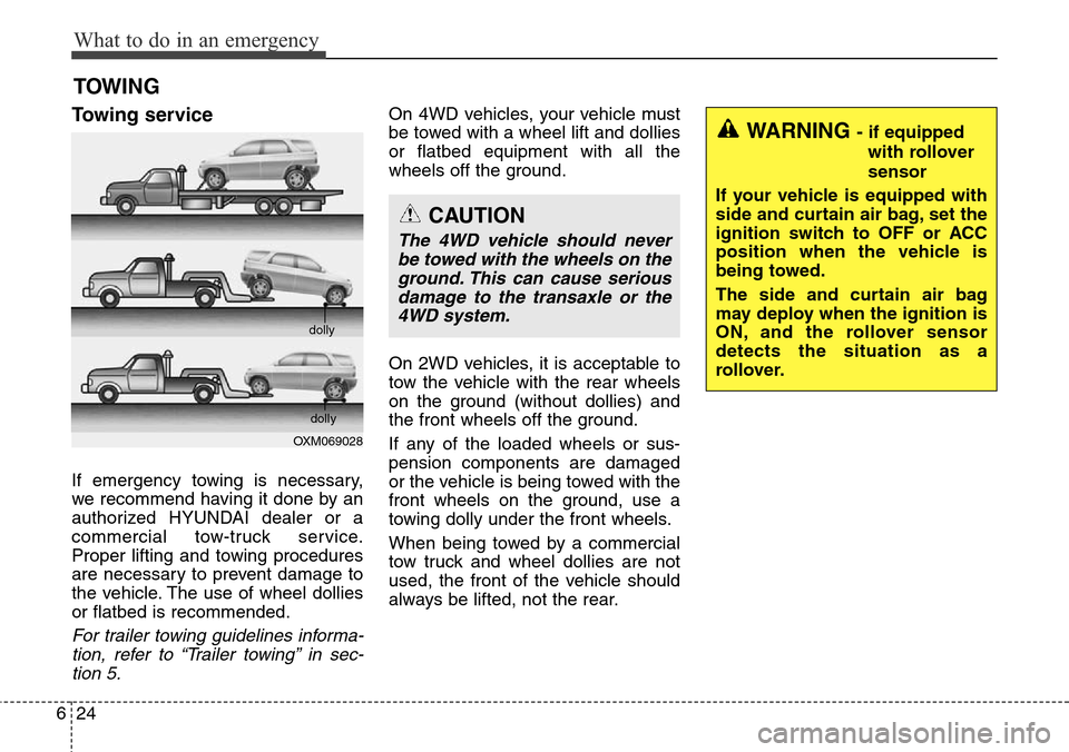 Hyundai Grand Santa Fe 2013  Owners Manual What to do in an emergency
24 6
TOWING
Towing service
If emergency towing is necessary,
we recommend having it done by an
authorized HYUNDAI dealer or a
commercial tow-truck service.
Proper lifting an