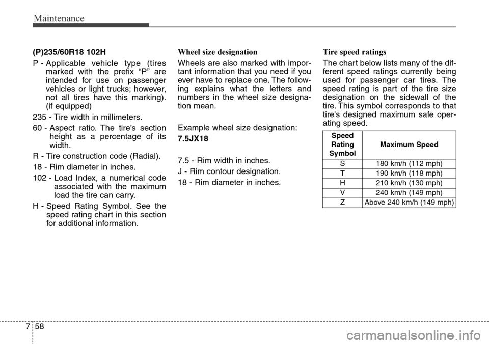 Hyundai Grand Santa Fe 2013  Owners Manual Maintenance
58 7
(P)235/60R18 102H
P - Applicable vehicle type (tires
marked with the prefix “P’’ are
intended for use on passenger
vehicles or light trucks; however,
not all tires have this mar