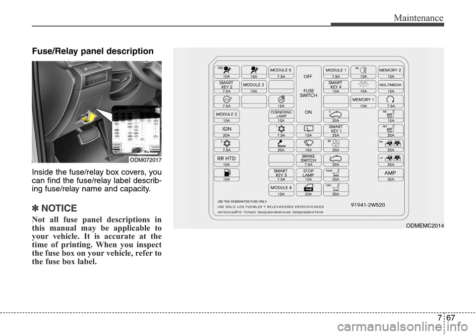 Hyundai Grand Santa Fe 2013  Owners Manual 767
Maintenance
Fuse/Relay panel description
Inside the fuse/relay box covers, you
can find the fuse/relay label describ-
ing fuse/relay name and capacity.
✽NOTICE
Not all fuse panel descriptions in