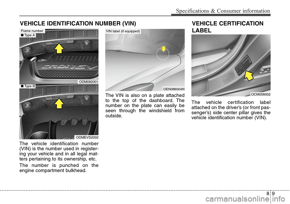 Hyundai Grand Santa Fe 2013 Owners Manual 89
Specifications & Consumer information
The vehicle identification number
(VIN) is the number used in register-
ing your vehicle and in all legal mat-
ters pertaining to its ownership, etc.
The numbe Hyundai Grand Santa Fe 2013 Owners Manual 89
Specifications & Consumer information
The vehicle identification number
(VIN) is the number used in register-
ing your vehicle and in all legal mat-
ters pertaining to its ownership, etc.
The numbe