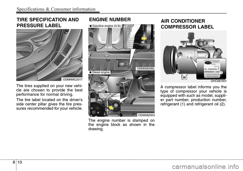 Hyundai Grand Santa Fe 2013  Owners Manual Specifications & Consumer information
10 8
The tires supplied on your new vehi-
cle are chosen to provide the best
performance for normal driving.
The tire label located on the drivers
side center pi