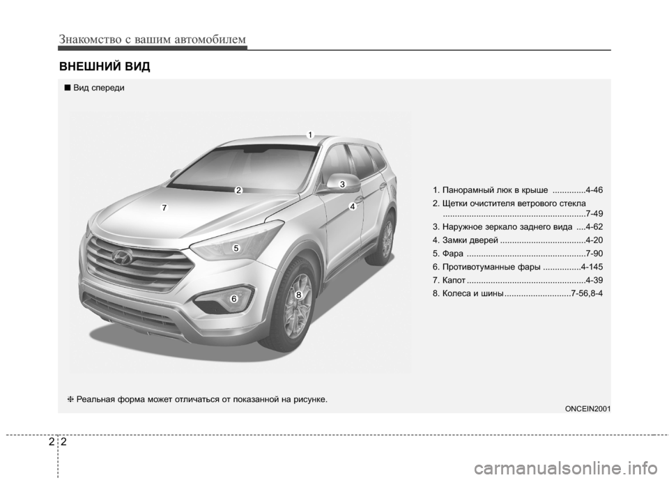 Hyundai Grand Santa Fe 2013 Инструкция по эксплуатации (in Russian) Знакомство с вашим автомобилем
2 2
ВНЕШНИЙ ВИД
1. Панорамный люк в крыше ..............4-46
2. Щетки очистителя ветровог Hyundai Grand Santa Fe 2013 Инструкция по эксплуатации (in Russian) Знакомство с вашим автомобилем
2 2
ВНЕШНИЙ ВИД
1. Панорамный люк в крыше ..............4-46
2. Щетки очистителя ветровог