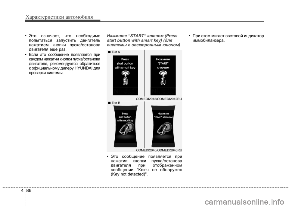 Hyundai Grand Santa Fe 2013  Инструкция по эксплуатации (in Russian) Характеристики автомобиля
86 4
• Это означает, что необходимо
попытаться запустить двигатель
нажатием кнопки