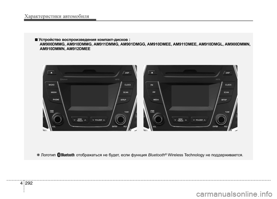 Hyundai Grand Santa Fe 2013  Инструкция по эксплуатации (in Russian) Характеристики автомобиля
292 4
■ ■ 
 Устройство воспроизведения компакт-дисков :
AM900DMMG, AM910DMMG, AM911DMMG, AM901DMGG, AM910DME