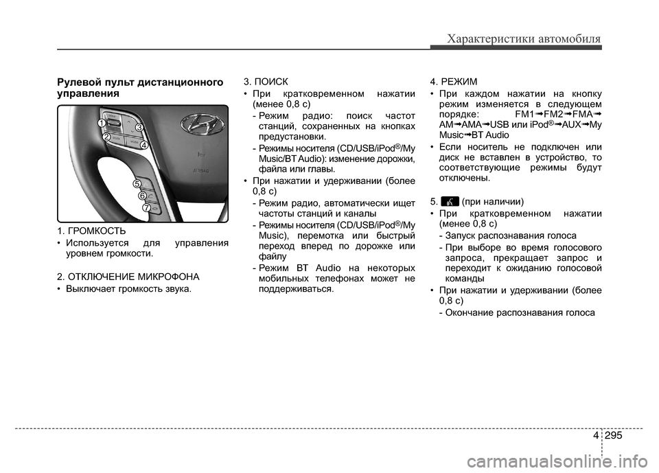 Hyundai Grand Santa Fe 2013 Инструкция по эксплуатации (in Russian) 4295
Характеристики автомобиля
Рулевой пульт дистанционного
управления
1. ГРОМКОСТЬ
• Используется для управ Hyundai Grand Santa Fe 2013 Инструкция по эксплуатации (in Russian) 4295
Характеристики автомобиля
Рулевой пульт дистанционного
управления
1. ГРОМКОСТЬ
• Используется для управ