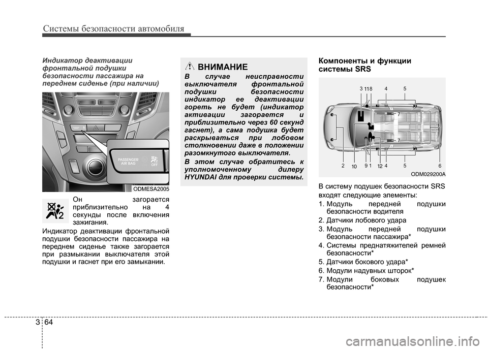 Hyundai Grand Santa Fe 2013  Инструкция по эксплуатации (in Russian) Системы безопасности автомобиля
64 3
Индикатор деактивации
фронтальной подушки
безопасности пассажира на
пе