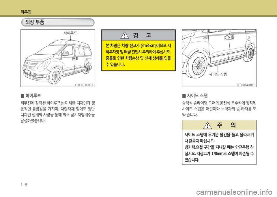 Hyundai Grand Starex 2017  그랜드 스타렉스 특장 - 사용 설명서 (in Korean) 리무진 1-8
외장 부품
OTQ014009TOTQ014009T
 
0 하이루프
리무진에
 장8