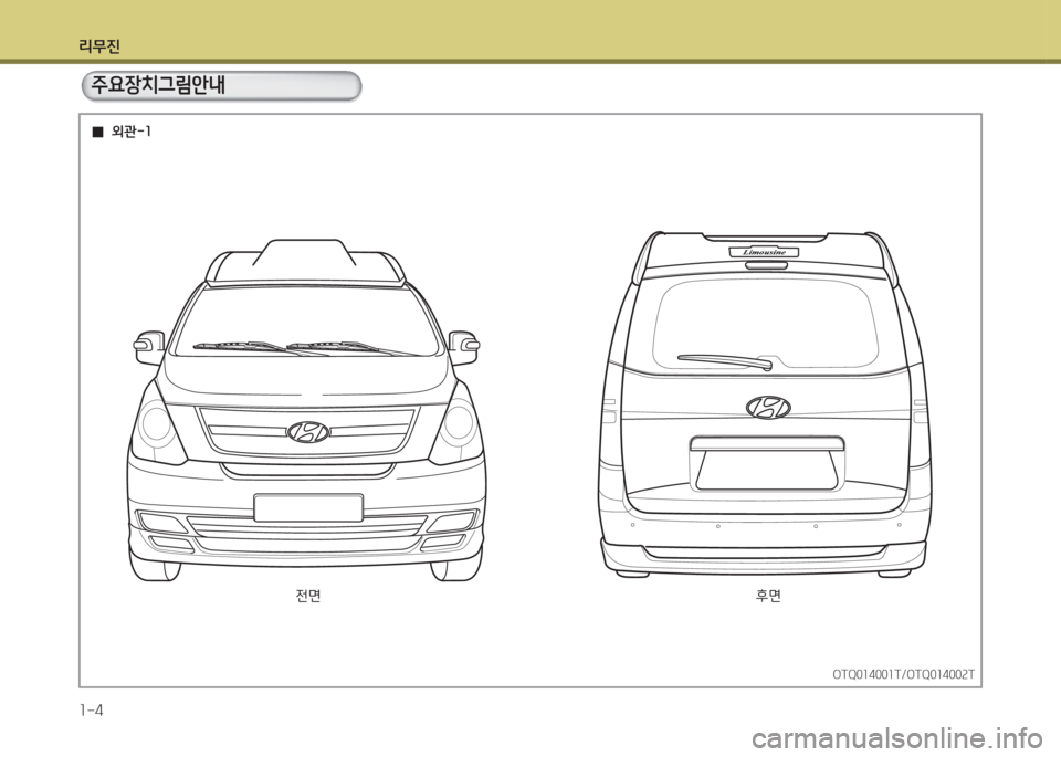 Hyundai Grand Starex 2017  그랜드 스타렉스 특장 - 사용 설명서 (in Korean) 리무진 1-4
  0
0외관-소
외관-소
전면
전면후면
후면
OTQ014001T/OTQ014002TOTQ014001T/OTQ014002T
주요장치그림안내 