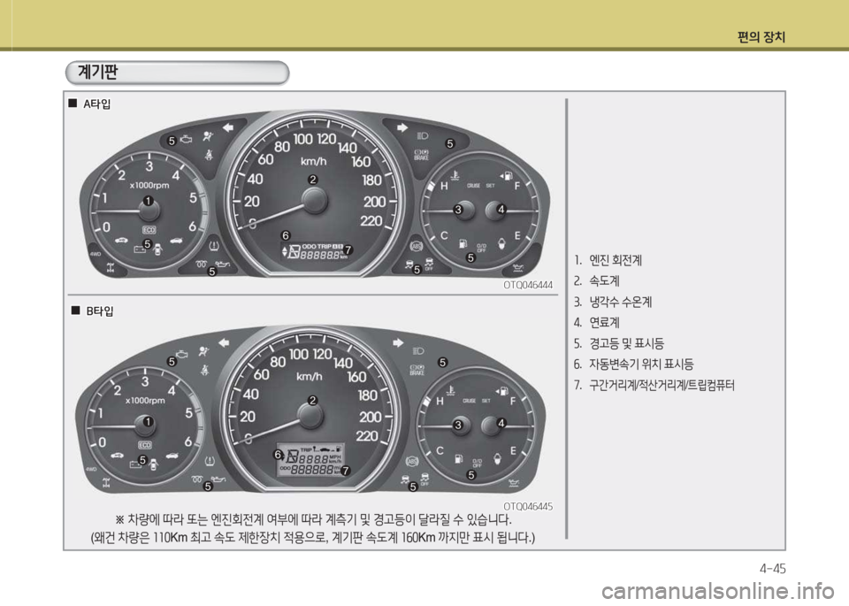Hyundai Grand Starex 2016  그랜드 스타렉스 - 사용 설명서 (in Korean) 편의 장치4-4자
소.   엔진  회전계
속 .  . L계
3 .  냉