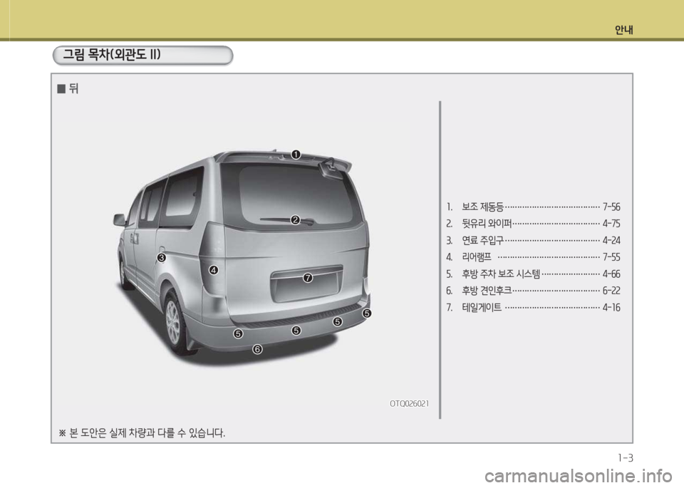 Hyundai Grand Starex 2016  그랜드 스타렉스 - 사용 설명서 (in Korean) 안내1-3
1.  보조 제동등  ………………………………… 7-자작 
2.  뒷유리 와이퍼  ……………………………… 4-7자 
3.  연료 주입구  ……………………�