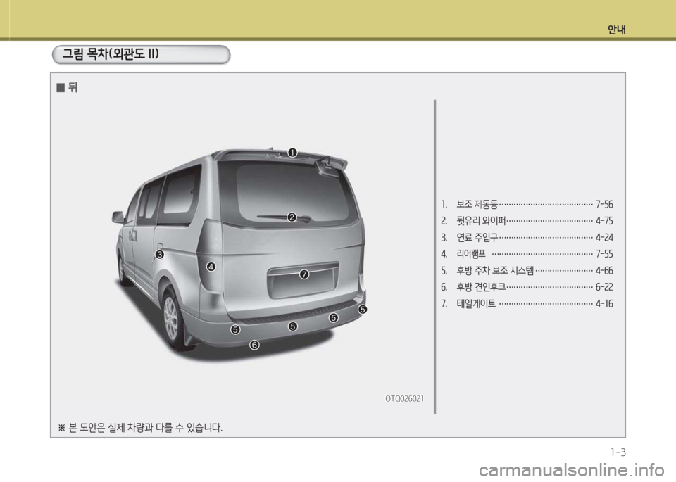 Hyundai Grand Starex 2016  그랜드 스타렉스 - 사용 설명서 (in Korean) 안내1-3
1.  보조 제동등  ………………………………… 7-자작 
2.  뒷유리 와이퍼  ……………………………… 4-7자 
3.  연료 주입구  ……………………