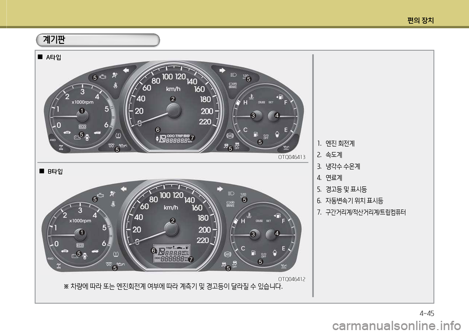Hyundai Grand Starex 2015  그랜드 스타렉스 - 사용 설명서 (in Korean) 편의 장치4-4자
소.   엔진  회전계
속 .  . L계
3 .  냉