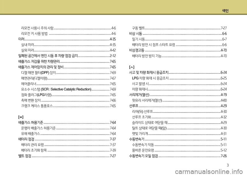 Hyundai Grand Starex 2015  그랜드 스타렉스 - 사용 설명서 (in Korean) 색인3
리0컨  사용/d  주의  사항  ......................................................................... 4-작
리0컨  키  사용  방법   ............................................