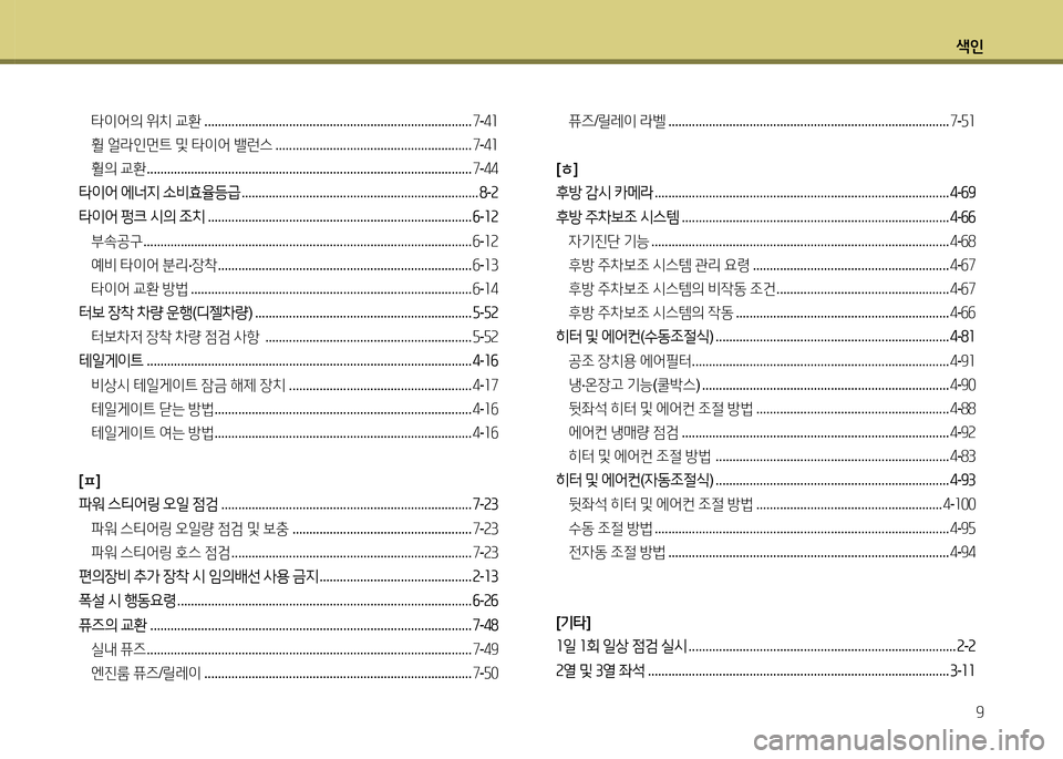 Hyundai Grand Starex 2015  그랜드 스타렉스 - 사용 설명서 (in Korean) 색인9
타이어의  위치  교환  ............................................................................... 7-4좌
휠  얼라인먼?@  및  타이어  밸런스  ...........................