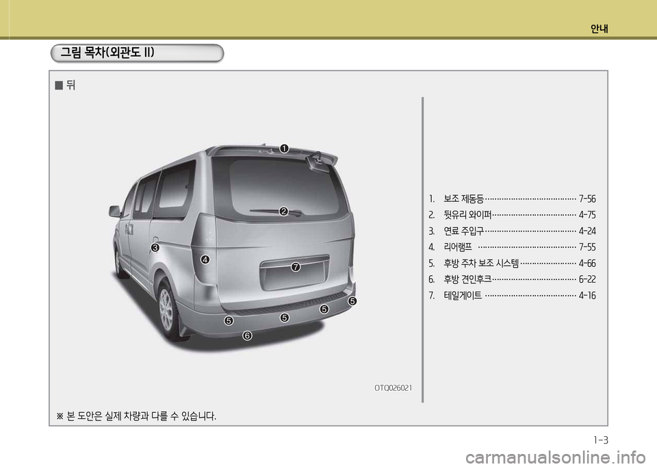 Hyundai Grand Starex 2015  그랜드 스타렉스 - 사용 설명서 (in Korean) 안내1-3
1.  보조 제동등  ………………………………… 7-자작 
2.  뒷유리 와이퍼  ……………………………… 4-7자 
3.  연료 주입구  ……………………�
