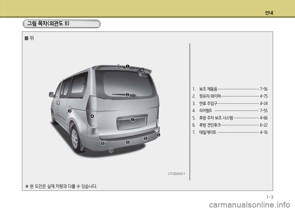 Hyundai Grand Starex 2015  그랜드 스타렉스 - 사용 설명서 (in Korean) 안내1-3
1.  보조 제동등  ………………………………… 7-자작 
2.  뒷유리 와이퍼  ……………………………… 4-7자 
3.  연료 주입구  ……………………