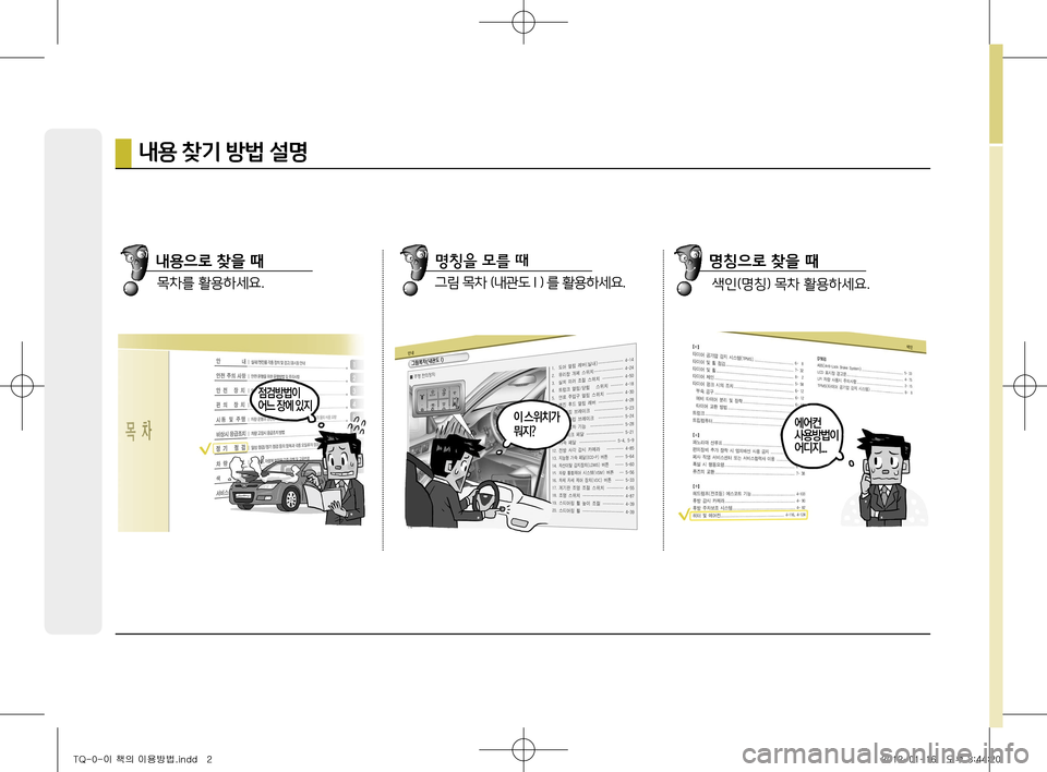 Hyundai Grand Starex 2012  그랜드 스타렉스 - 사용 설명서 (in Korean) 점검방법이 어느 장에 있지
내용 찾기 방법 설명
목차를 활용하세요.
내용으로 찾을 때그림 목차 (내관도 I ) 를 활용하세요.
명칭을 모를 때색인(명칭) 
