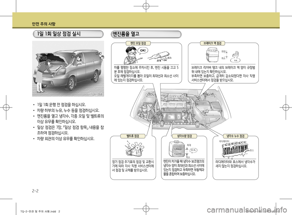 Hyundai Grand Starex 2012 그랜드 스타렉스 - 사용 설명서 (in Korean) 안전 주의 사항
2-2
• 1 일 1회 운행 전 점검을 하십시오.
• 차량 하부의 누유, 누수 등을 점검하십시오.
• 엔진룸을 열고 냉각수, 각종 오일 및 벨 Hyundai Grand Starex 2012 그랜드 스타렉스 - 사용 설명서 (in Korean) 안전 주의 사항
2-2
• 1 일 1회 운행 전 점검을 하십시오.
• 차량 하부의 누유, 누수 등을 점검하십시오.
• 엔진룸을 열고 냉각수, 각종 오일 및 벨