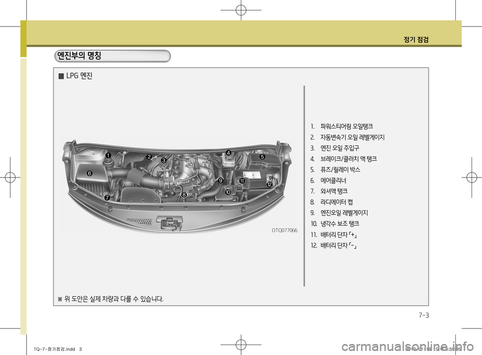 Hyundai Grand Starex 2012  그랜드 스타렉스 - 사용 설명서 (in Korean) 정기 점검
7-3
  엔진부의 명칭
1.  파워스티어링 오일탱크
2 .  자동변속기 오일 레벨게이지
3 .  엔진 오일 주입구
4 .  브레이크/클러치 액 탱크
5 .  퓨즈/