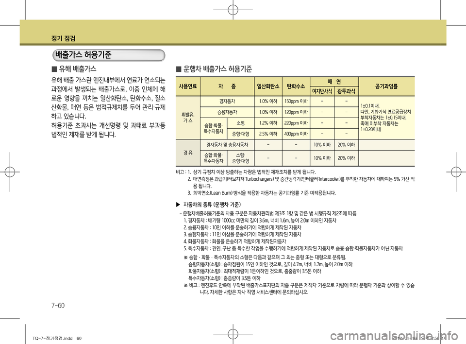 Hyundai Grand Starex 2012 그랜드 스타렉스 - 사용 설명서 (in Korean) 정기 점검
7-60
̰ 유해 배출가스
유해 배출 가스란 엔진내부에서 연료가 연소되는
과정에서 발생되는 배출가스로
, 이중 인체에 해
로운 영향을 Hyundai Grand Starex 2012 그랜드 스타렉스 - 사용 설명서 (in Korean) 정기 점검
7-60
̰ 유해 배출가스
유해 배출 가스란 엔진내부에서 연료가 연소되는
과정에서 발생되는 배출가스로
, 이중 인체에 해
로운 영향을