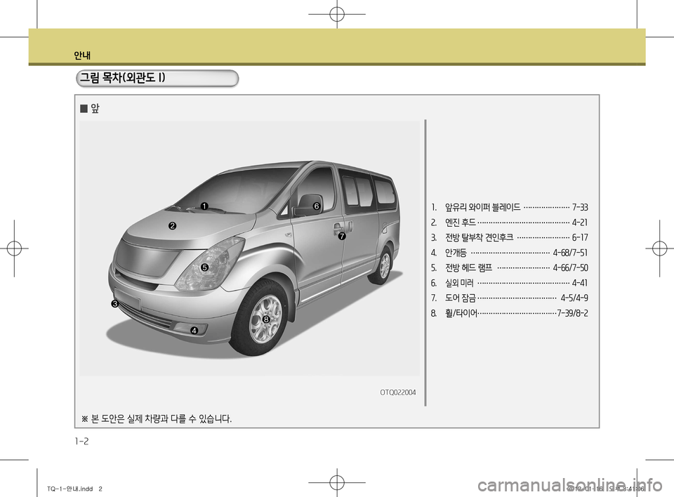 Hyundai Grand Starex 2012  그랜드 스타렉스 - 사용 설명서 (in Korean) 안내
1-2
1.  앞유리 와이퍼 블레이드 
…………………7-33
 
2 .  엔진 후드 
…………………………………… 4-21
 
3 .  전방 탈부착 견인후크 
……………�