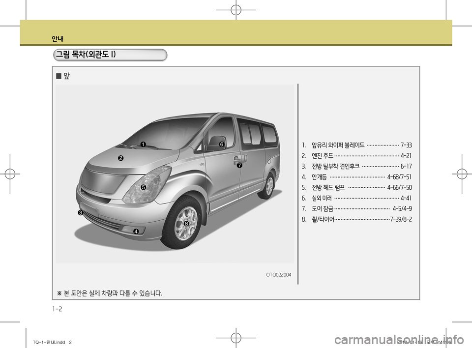 Hyundai Grand Starex 2012  그랜드 스타렉스 - 사용 설명서 (in Korean) 안내
1-2
1.  앞유리 와이퍼 블레이드 
…………………7-33
 
2 .  엔진 후드 
…………………………………… 4-21
 
3 .  전방 탈부착 견인후크 
……………