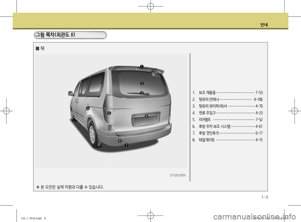 Hyundai Grand Starex 2012  그랜드 스타렉스 - 사용 설명서 (in Korean) 안내
1-3
1.  보조 제동등 
………………………………… 7-53
 
2 .  뒷유리 안테나 
…………………………… 4-106
 
3 .  뒷유리 와이퍼 /와셔 
………………