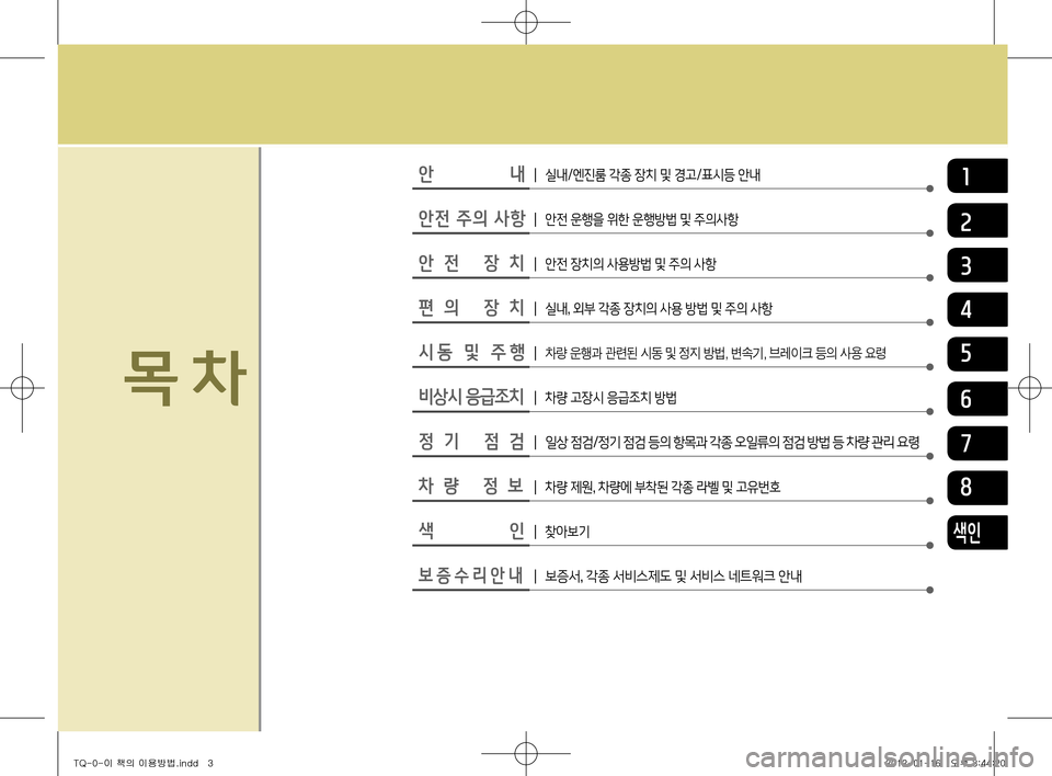Hyundai Grand Starex 2011  그랜드 스타렉스 - 사용 설명서 (in Korean) 안                내1┃ 실내/엔진룸 각종 장치 및 경고/표시등 안내
목 차
안전 주의 사항┃ 안전 운행을 위한 운행방법 및 주의사항
안전 장치┃ 안전 장