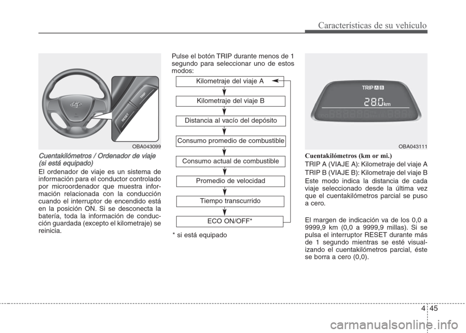 Hyundai Grand i10 2016  Manual del propietario (in Spanish) 445
Características de su vehículo
Cuentakilómetros / Ordenador de viaje
(si está equipado)
El ordenador de viaje es un sistema de
información para el conductor controlado
por microordenador que 