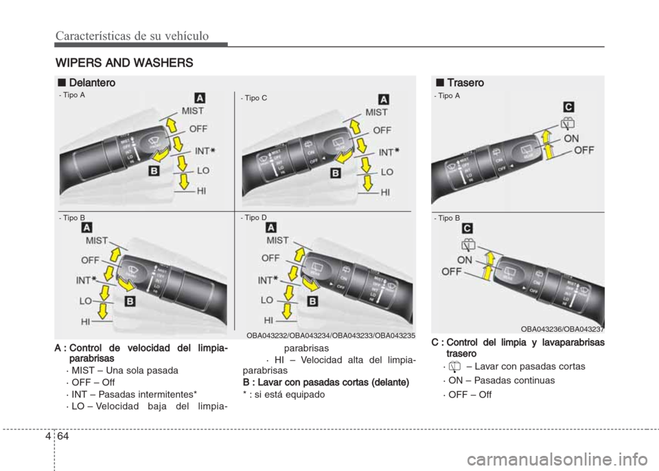 Hyundai Grand i10 2016  Manual del propietario (in Spanish) Características de su vehículo
64 4
A : Control de velocidad del limpia-
parabrisas
· MIST – Una sola pasada
· OFF – Off
· INT – Pasadas intermitentes*
· LO – Velocidad  baja  del  limpi