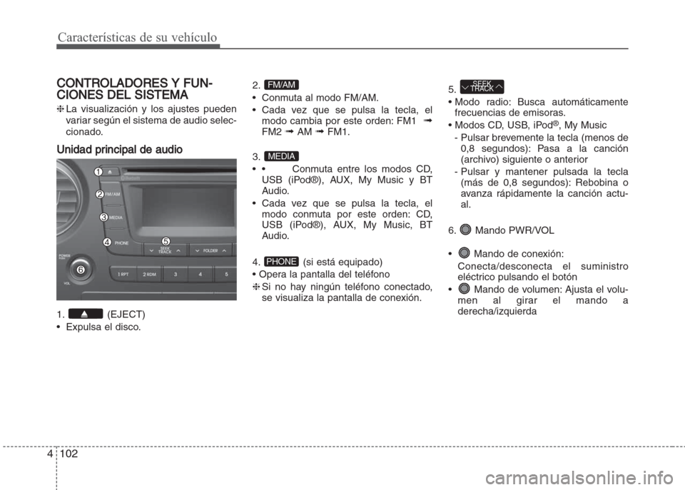 Hyundai Grand i10 2016  Manual del propietario (in Spanish) Características de su vehículo
102 4
CONTROLADORES Y FUN-
CIONES DEL SISTEMA
❈La visualización y los ajustes pueden
variar según el sistema de audio selec-
cionado.
Unidad principal de audio
1. 