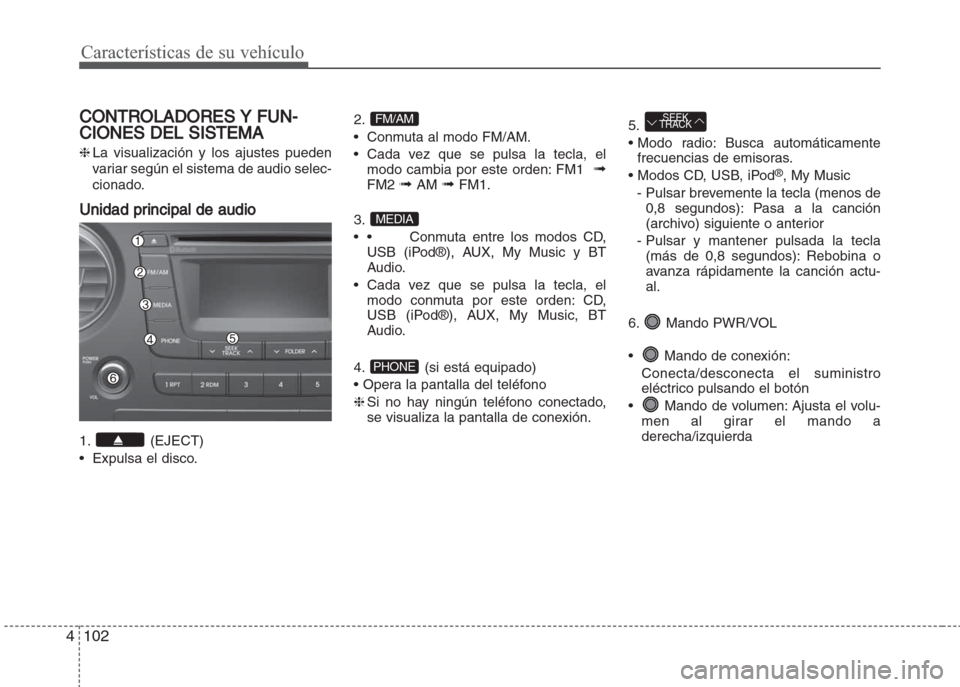 Hyundai Grand i10 2016 Manual del propietario (in Spanish) Características de su vehículo
102 4
CONTROLADORES Y FUN-
CIONES DEL SISTEMA
❈La visualización y los ajustes pueden
variar según el sistema de audio selec-
cionado.
Unidad principal de audio
1. Hyundai Grand i10 2016 Manual del propietario (in Spanish) Características de su vehículo
102 4
CONTROLADORES Y FUN-
CIONES DEL SISTEMA
❈La visualización y los ajustes pueden
variar según el sistema de audio selec-
cionado.
Unidad principal de audio
1.