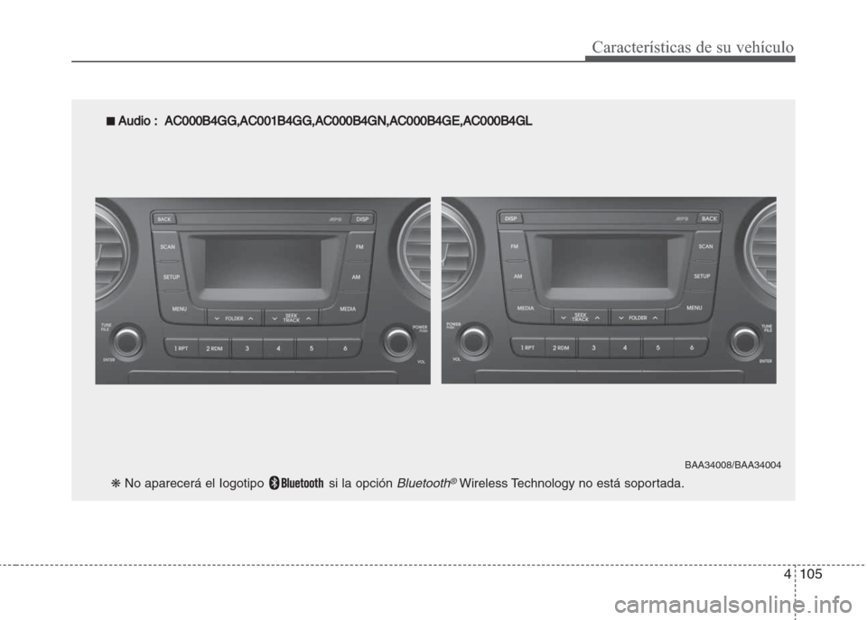 Hyundai Grand i10 2016 Manual del propietario (in Spanish) 4105
Características de su vehículo
■ Audio: AC000B4GG,AC001B4GG,AC000B4GN,AC000B4GE,AC000B4GL
BAA34008/BAA34004
❋ No aparecerá el Iogotipo si la opción Bluetooth®Wireless Technology no est Hyundai Grand i10 2016 Manual del propietario (in Spanish) 4105
Características de su vehículo
■ Audio: AC000B4GG,AC001B4GG,AC000B4GN,AC000B4GE,AC000B4GL
BAA34008/BAA34004
❋ No aparecerá el Iogotipo si la opción Bluetooth®Wireless Technology no est