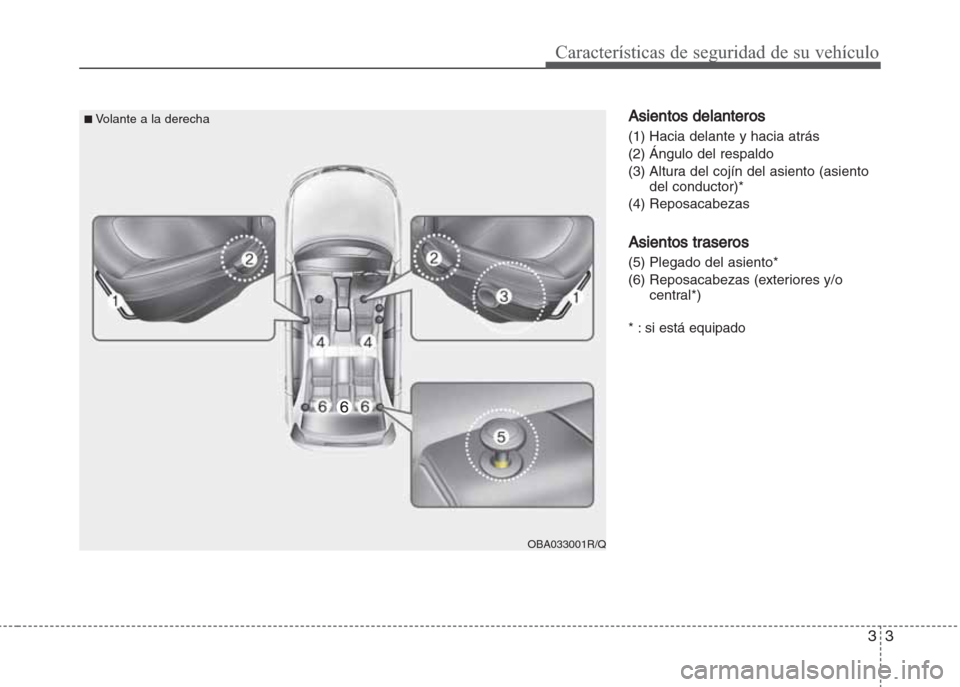 Hyundai Grand i10 2016  Manual del propietario (in Spanish) 33
Características de seguridad de su vehículo
 Asientos delanteros
(1) Hacia delante y hacia atrás
(2) Ángulo del respaldo
(3) Altura del cojín del asiento (asiento
del conductor)*
(4) Reposacab