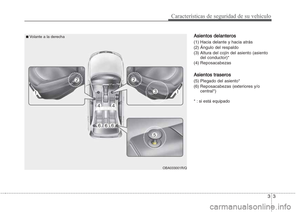Hyundai Grand i10 2016 Manual del propietario (in Spanish) 33
Características de seguridad de su vehículo
Asientos delanteros
(1) Hacia delante y hacia atrás
(2) Ángulo del respaldo
(3) Altura del cojín del asiento (asiento
del conductor)*
(4) Reposacab Hyundai Grand i10 2016 Manual del propietario (in Spanish) 33
Características de seguridad de su vehículo
Asientos delanteros
(1) Hacia delante y hacia atrás
(2) Ángulo del respaldo
(3) Altura del cojín del asiento (asiento
del conductor)*
(4) Reposacab