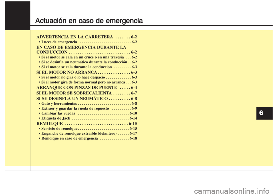 Hyundai Grand i10 2016 Manual del propietario (in Spanish) Actuación en caso de emergencia
ADVERTENCIA EN LA CARRETERA . . . . . . . 6-2
• Luces de emergencia . . . . . . . . . . . . . . . . . . . . . . . . . . 6-2
EN CASO DE EMERGENCIA DURANTE LA
CONDUCCI Hyundai Grand i10 2016 Manual del propietario (in Spanish) Actuación en caso de emergencia
ADVERTENCIA EN LA CARRETERA . . . . . . . 6-2
• Luces de emergencia . . . . . . . . . . . . . . . . . . . . . . . . . . 6-2
EN CASO DE EMERGENCIA DURANTE LA
CONDUCCI