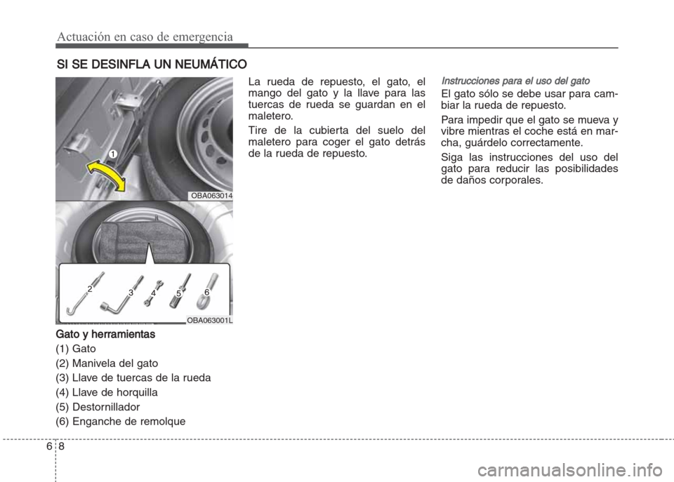 Hyundai Grand i10 2016 Manual del propietario (in Spanish) Actuación en caso de emergencia
8 6
SI SE DESINFLA UN NEUMÁTICO
Gato y herramientas
(1) Gato
(2) Manivela del gato
(3) Llave de tuercas de la rueda
(4) Llave de horquilla
(5) Destornillador
(6) Enga Hyundai Grand i10 2016 Manual del propietario (in Spanish) Actuación en caso de emergencia
8 6
SI SE DESINFLA UN NEUMÁTICO
Gato y herramientas
(1) Gato
(2) Manivela del gato
(3) Llave de tuercas de la rueda
(4) Llave de horquilla
(5) Destornillador
(6) Enga