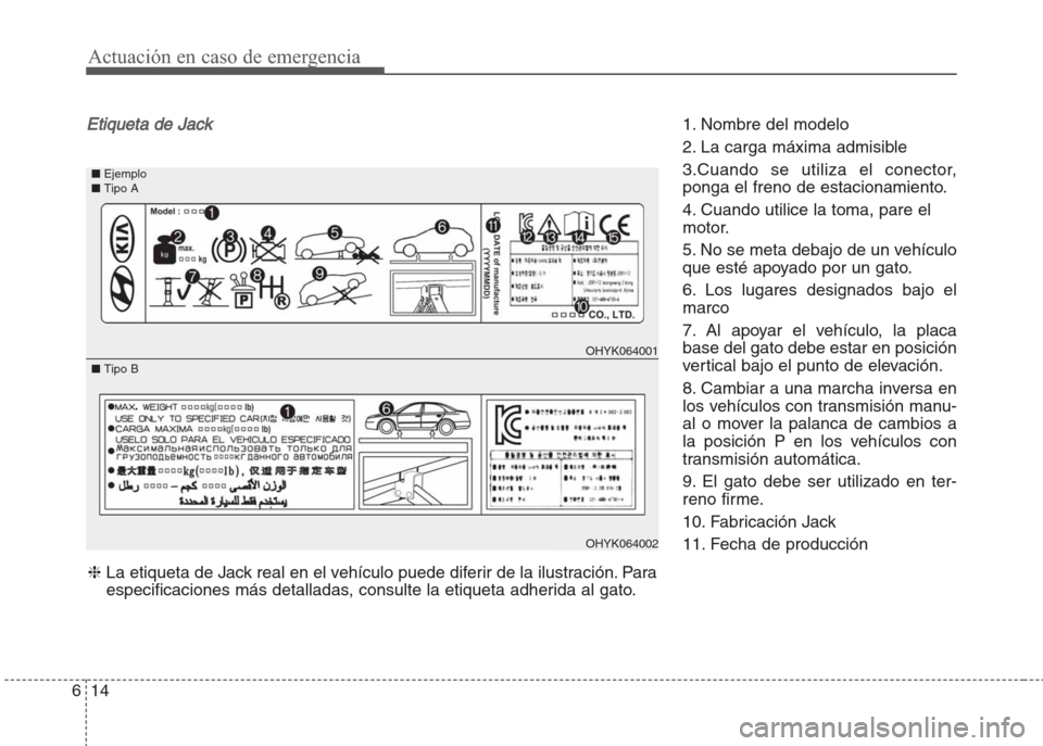 Hyundai Grand i10 2016 Manual del propietario (in Spanish) Actuación en caso de emergencia
14 6
Etiqueta de Jack1. Nombre del modelo
2. La carga máxima admisible
3.Cuando se utiliza el conector,
ponga el freno de estacionamiento.
4. Cuando utilice la tom Hyundai Grand i10 2016 Manual del propietario (in Spanish) Actuación en caso de emergencia
14 6
Etiqueta de Jack1. Nombre del modelo
2. La carga máxima admisible
3.Cuando se utiliza el conector,
ponga el freno de estacionamiento.
4. Cuando utilice la tom