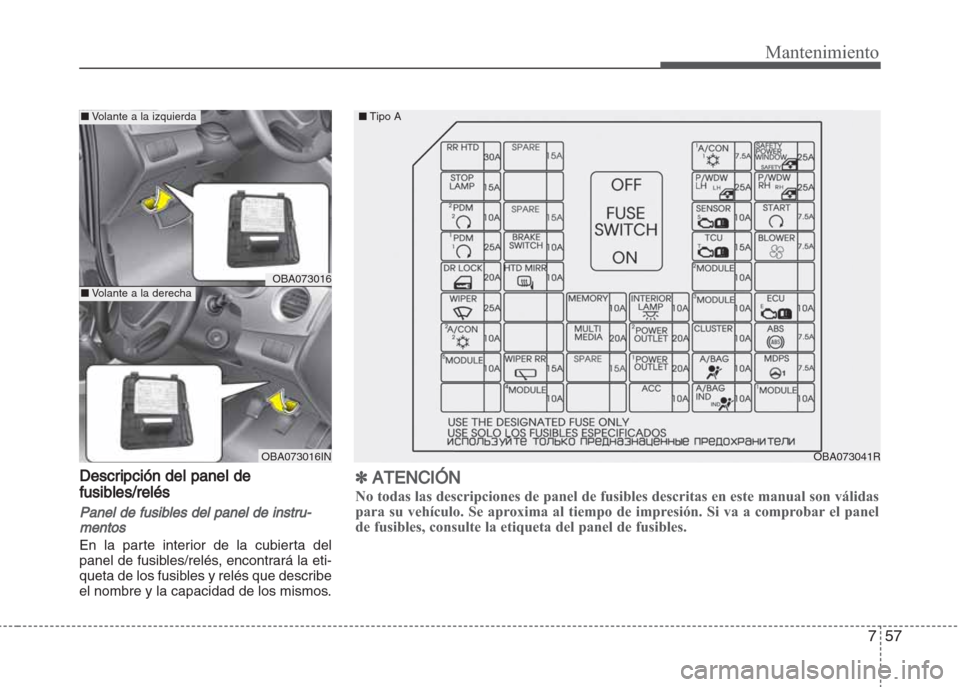 Hyundai Grand i10 2016  Manual del propietario (in Spanish) 757
Mantenimiento
Descripción del panel de
fusibles/relés
Panel de fusibles del panel de instru-
mentos
En la parte interior de la cubierta del
panel de fusibles/relés, encontrará la eti-
queta de